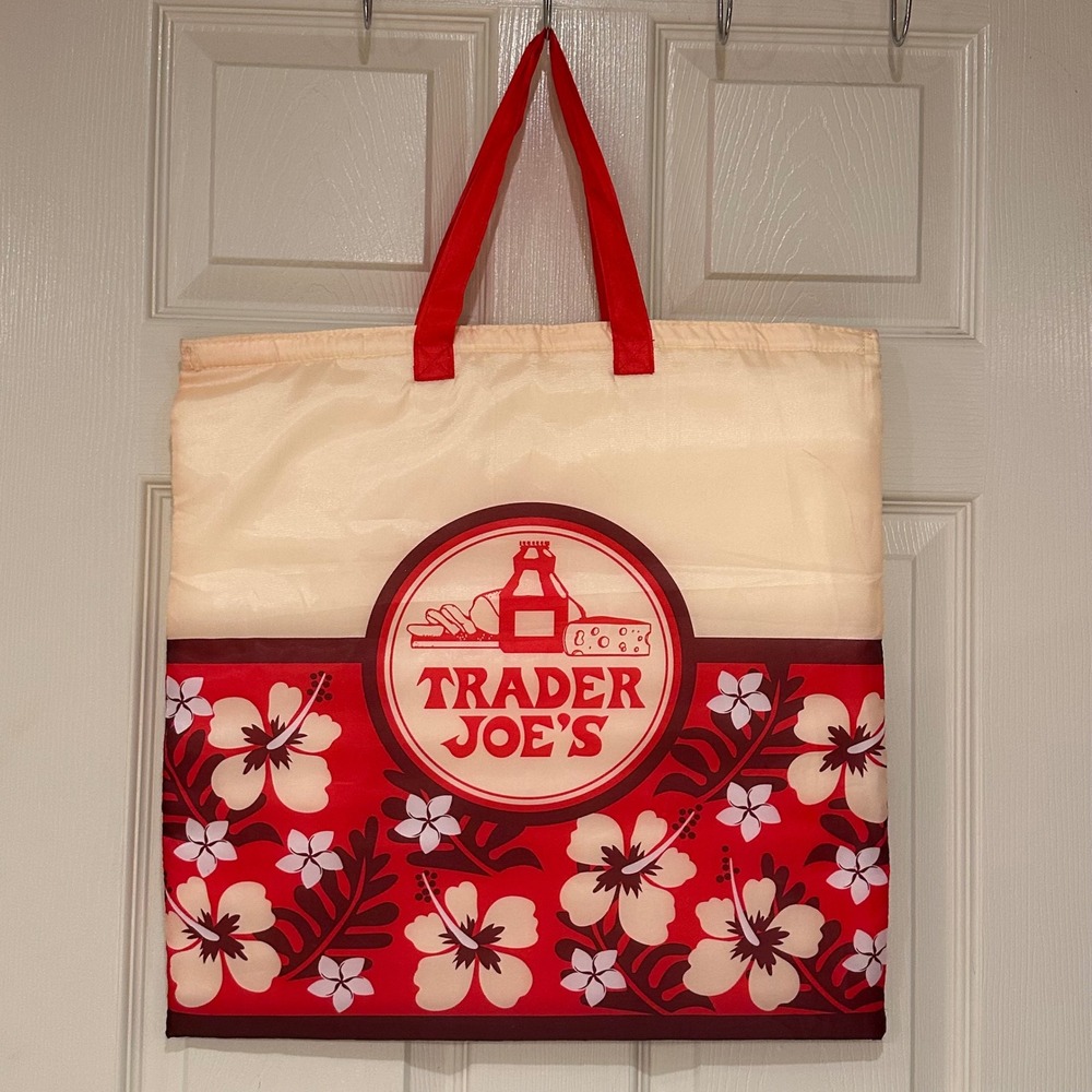 Trader Joe's Insulated Reusable Grocery Bag Red Hibiscus Floral Tropical Tote